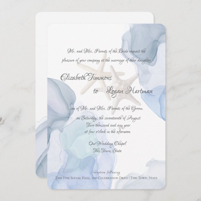 Ocean Blue Watercolor Beach Hochzeit Einladung (Vorne/Hinten)