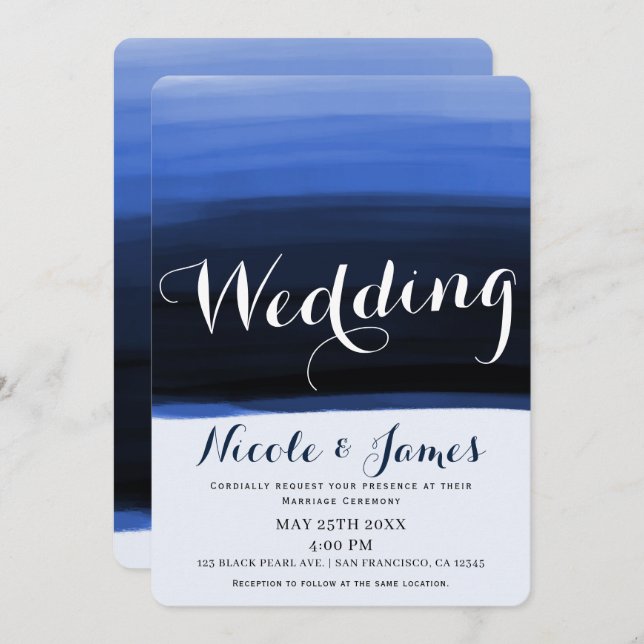 Ocean Blue Watercolor Moderne Glam Wedding Einladung (Vorne/Hinten)