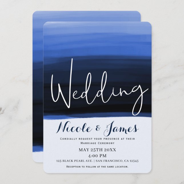 Ocean Blue Watercolor Moderne Glam Wedding Einladung (Vorne/Hinten)