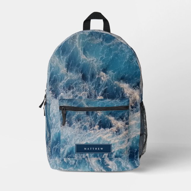 Ocean Blue Waves Personalisiert Name School Bedruckter Rucksack (Vorderseite)