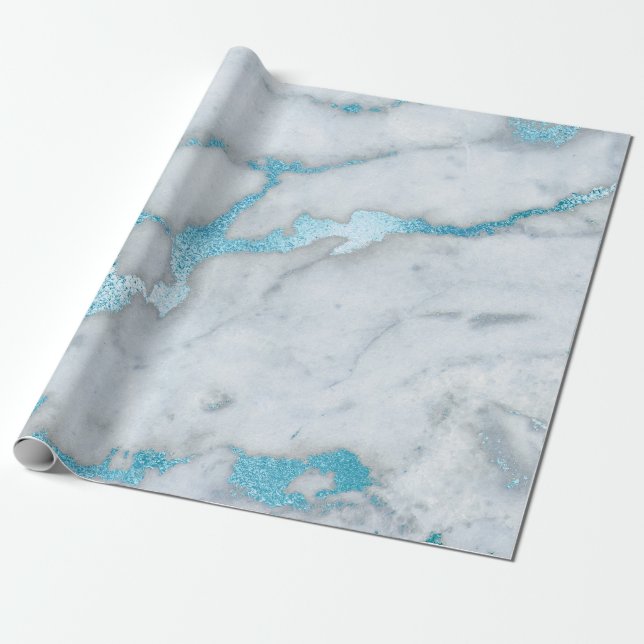 Ocean Blue White Gray Marble Shiny Pinsel Geschenkpapier (Ungerollt)