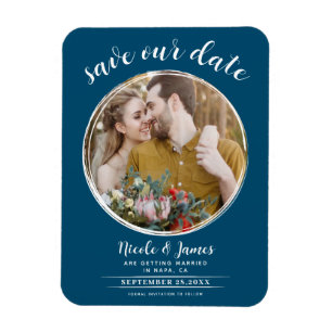 Ocean Blue White Modern Round Foto Save the Date Magnet