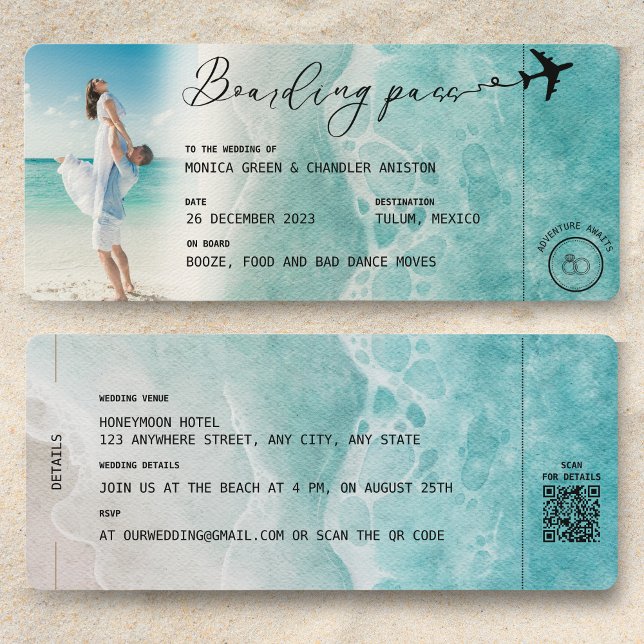 Ocean Boarding Pass Hochzeit in Urlaubsort QR-Code Einladung (QR code Wedding Invitation Boarding Pass Ocean Beach)