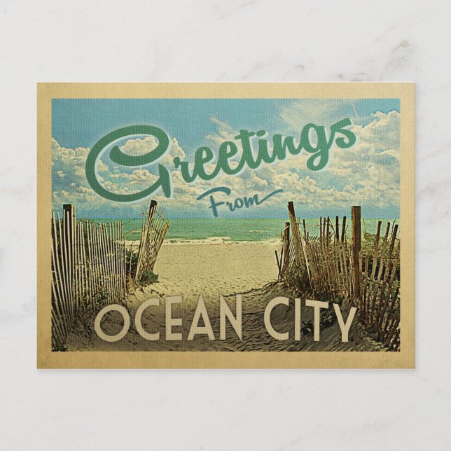 Ocean City Beach Vintage Reisen Postkarte (Vorderseite)