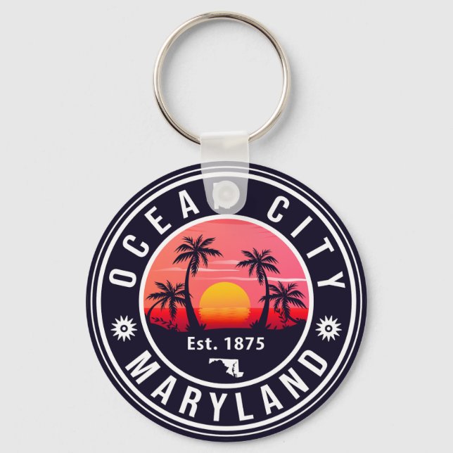 Ocean City Maryland Retro Sunset Souvenirs 60er Schlüsselanhänger (Vorderseite)