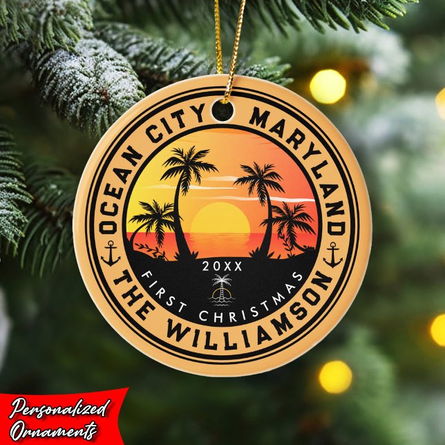Ocean City Maryland Retro Sunset Souvenirs 80er Keramik Ornament (Von Creator hochgeladen)
