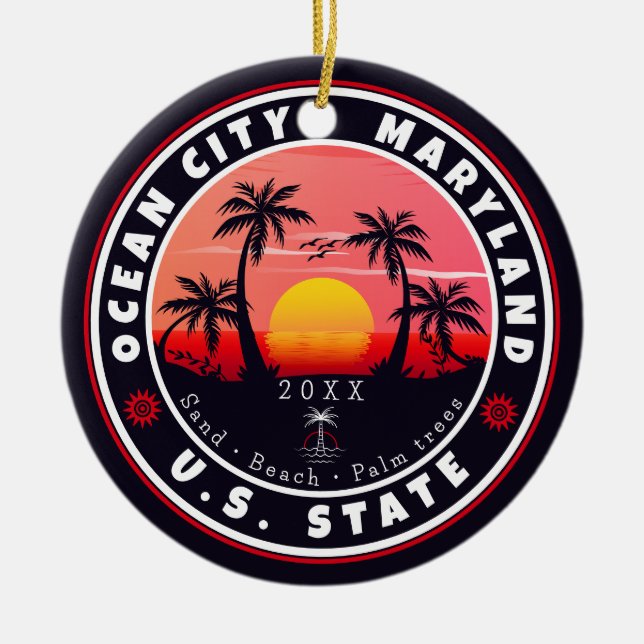 Ocean City Maryland Retro Sunset Souvenirs 80er Keramik Ornament (Vorne)