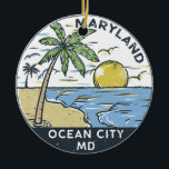 Ocean City Maryland Vintag Keramik Ornament<br><div class="desc">Ocean City handgezeichnete Abbildung mit Palmen und Wellen im Hintergrund. Ideal für alle,  die Ocean City besuchen Lieben.</div>