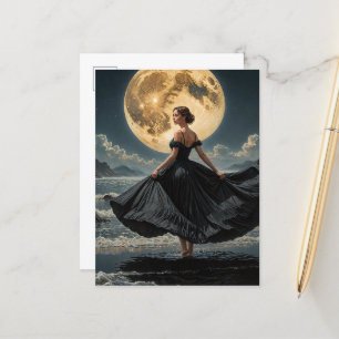 Ocean Dance Under the Moon Woman in Black Dress Postkarte