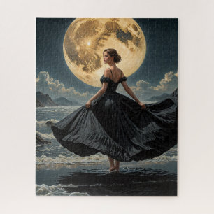 Ocean Dance Under the Moon Woman in Black Dress Puzzle