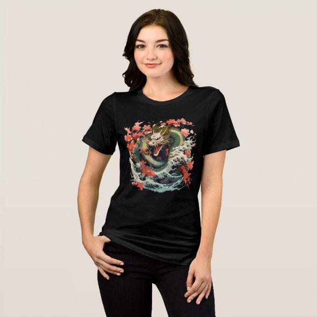 Ocean Dragon with Sakura and Waves Tri-Blend Shirt (Vorderseite voll)