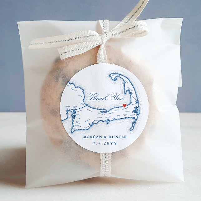 Ocean Edge Cape Cod Map Danke Gastgeschenk Hochzei Runder Aufkleber (Ocean Edge Resort Thank You wedding favor sticker label in elegant navy blue by Coastal Map Designs)
