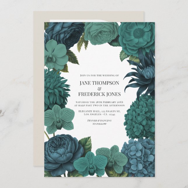 Ocean Emerald, Deep Lagoon & Tidepool Teal Wedding Einladung (Vorne/Hinten)