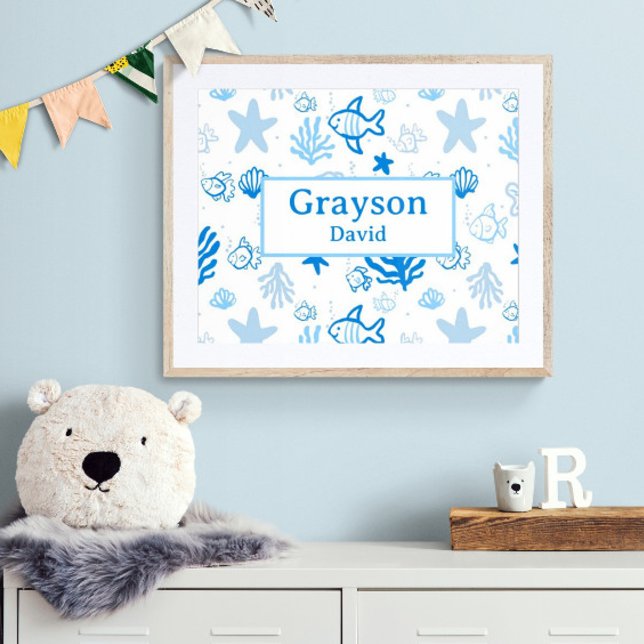 Ocean Fish Individuelle Name Kinderzimmer Boys Roo Poster (Customize the name! Shown with white mat and wood frame. You will receive print or digital image .)