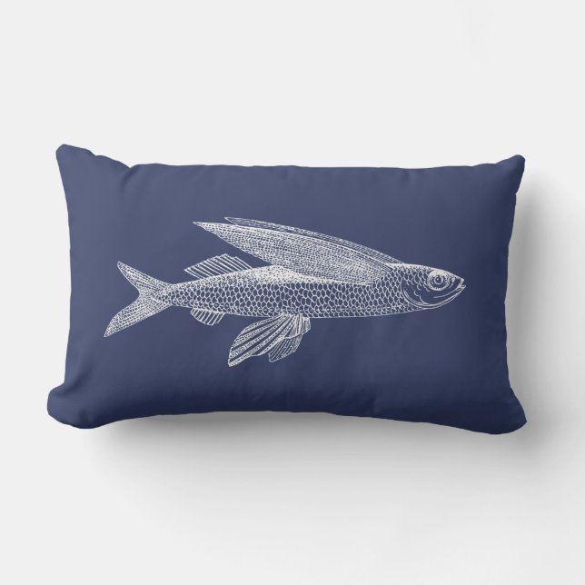 Ocean Fish Navy Blue White Outdoor Lumbar Pillow Kissen Für Draußen (Vorderseite)