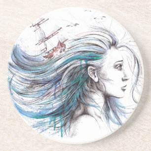 Ocean Girl Nautical Surreal Wassercolor Art Sandstein Untersetzer