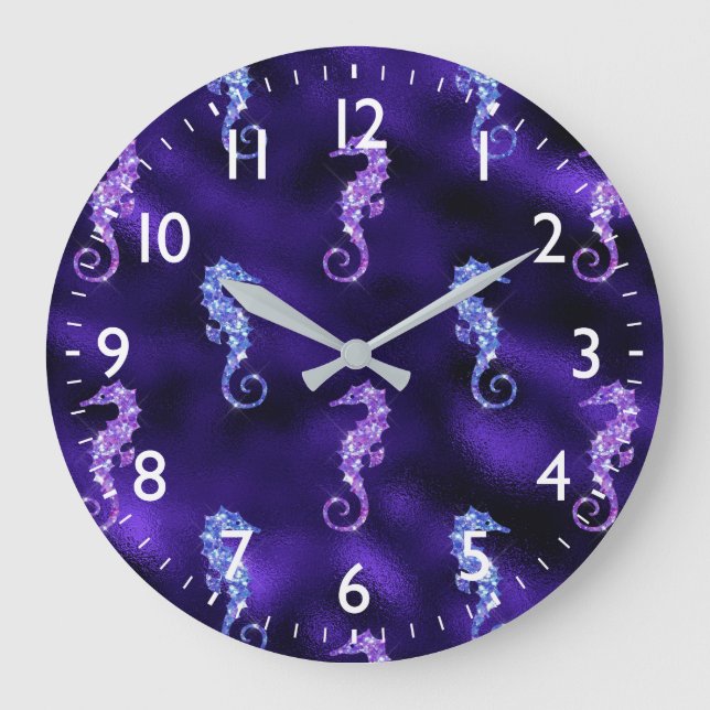 Ocean Glamour Purple Foil & Glitter Seahorses Große Wanduhr (Vorderseite)