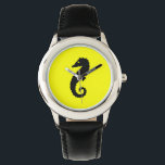 Ocean Glow_Black-on-Yellow-Seepferd Armbanduhr<br><div class="desc">Es ist an der Zeit,  sich mit unserem erstaunlichen Ocean Glow,  maritimen Icons,  der schwarz-gelben Armbanduhr zu satteln. Auch das süße kleine Design ist anpassbar. Sie können Größe,  Position,  Farbe,  sogar die Anzahl der Seepferde,  sowie die Hintergrundfarbe ändern. Klicken Sie einfach auf "Anpassen" und lass den Spaß zu beginnen!</div>