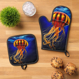 Ocean Glow Jelly Design Ofenhandschuh & Topflappen-Set