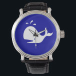 Ocean Glow_White-on-Blue Whale Armbanduhr<br><div class="desc">Es ist an der Zeit, Whale zu beobachten! Mit unserer Ocean Glow Armbanduhr, maritimen Icons, White-on-Blue Whale Armbanduhr machen Sie einen Riesenspass. Wenn Sie kreativ sind, können Sie die Größe und Position der Wale, die Anzahl der Wale oder die Hintergrundfarbe ändern. Klicken Sie einfach auf "Anpassen" und lass den Spaß...</div>