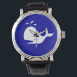 Ocean Glow_White-on-Blue Whale Armbanduhr<br><div class="desc">Es ist an der Zeit, Whale zu beobachten! Mit unserer Ocean Glow Armbanduhr, maritimen Icons, White-on-Blue Whale Armbanduhr machen Sie einen Riesenspass. Wenn Sie kreativ sind, können Sie die Größe und Position der Wale, die Anzahl der Wale oder die Hintergrundfarbe ändern. Klicken Sie einfach auf "Anpassen" und lass den Spaß...</div>