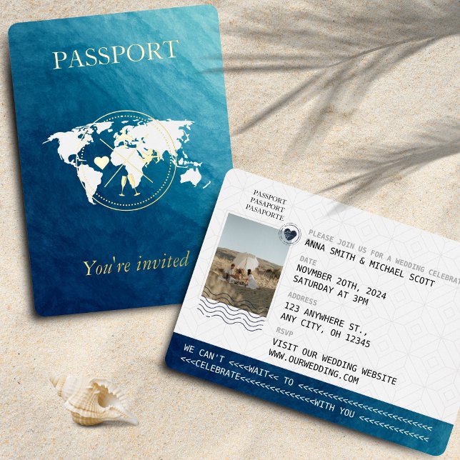 Ocean & Gold Passport Hochzeit in Urlaubsort Foto Folieneinladung (Ocean Passport Wedding)