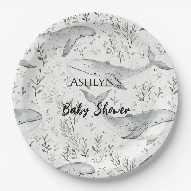Ocean Gray Whales Baby Shower Pappteller (Vorderseite)