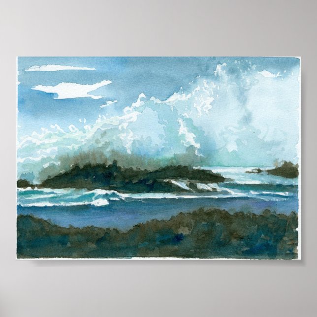 Ocean Hawaii Oahu Waves Splash Wasserfarbe Kunst Poster (Vorne)