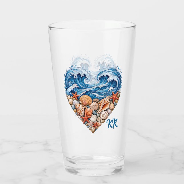 Ocean Heart Waves and Shells – Coastal Personalize Glas (Rückseite)