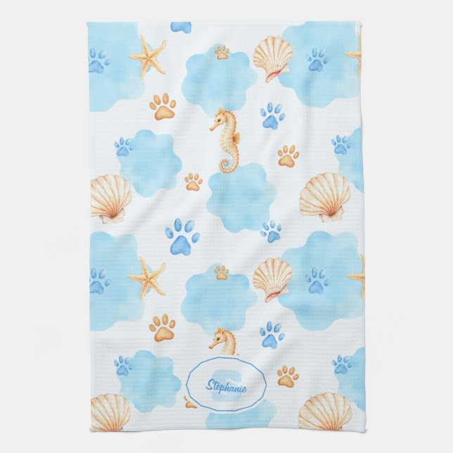 Ocean Inspiriert Paw Print Pattern mit Seepferden Geschirrtuch (Vertikal)