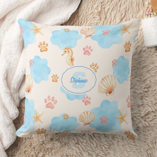 Ocean Inspiriert Paw Print Pattern mit Seepferden  Kissen (Decke)