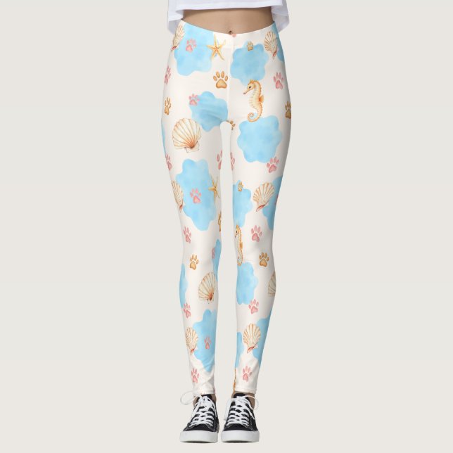 Ocean Inspiriert Paw Print Pattern mit Seepferden  Leggings (Vorderseite)