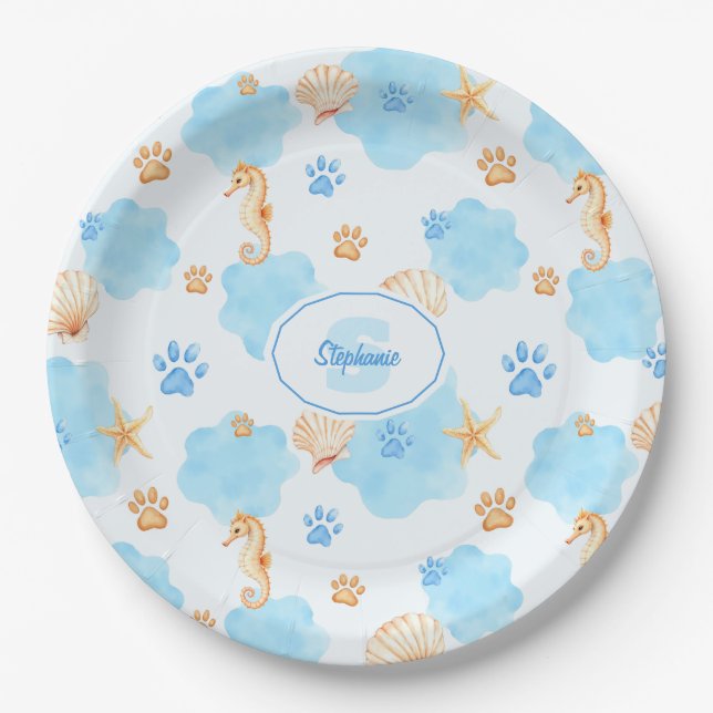 Ocean Inspiriert Paw Print Pattern mit Seepferden Pappteller (Vorderseite)