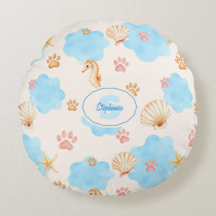 Ocean Inspiriert Paw Print Pattern mit Seepferden Rundes Kissen