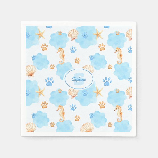 Ocean Inspiriert Paw Print Pattern mit Seepferden Serviette (Vorderseite)