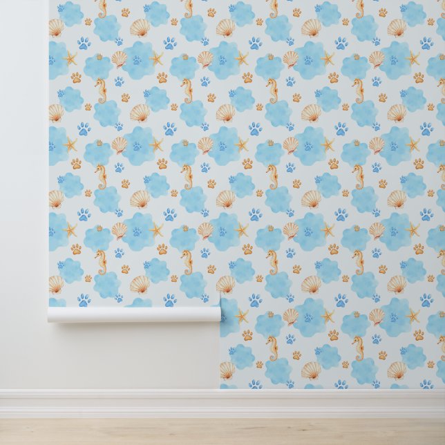 Ocean Inspiriert Paw Print Pattern mit Seepferden Tapete (Anwendung)