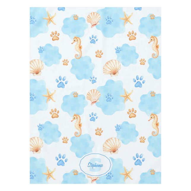 Ocean Inspiriert Paw Print Pattern mit Seepferden Tischdecke (Vorderseite)