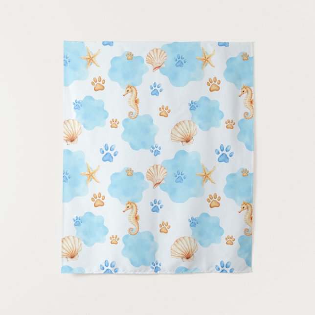 Ocean Inspiriert Paw Print Pattern mit Seepferden Wandteppich (Vorderseite)