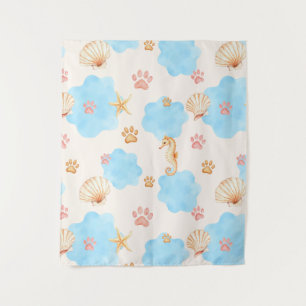 Ocean Inspiriert Paw Print Pattern mit Seepferden  Wandteppich