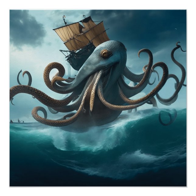 Ocean Kraken Riesenschiff-Tintenfisch Poster (Vorderseite)