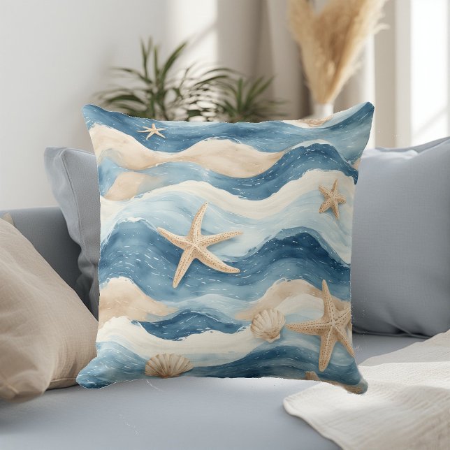 Ocean Life Coastal Tides Beach House Sea Mute Blue Kissen (Ocean Life Coastal Tides Beach House Sea Mute Blue Throw Pillow)