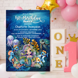 Ocean Mermaid 1. Geburtstag Party Einladung