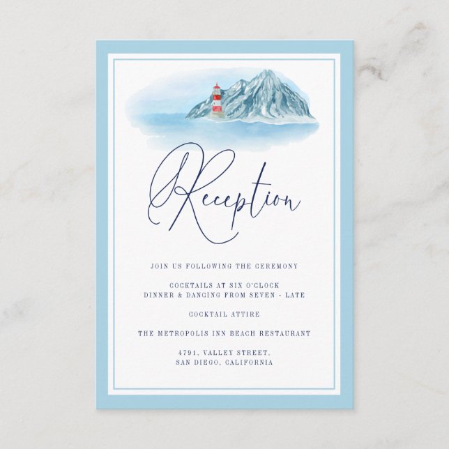 Ocean Mountain Lighthouse Light Blue Empfang Begleitkarte (Vorderseite)
