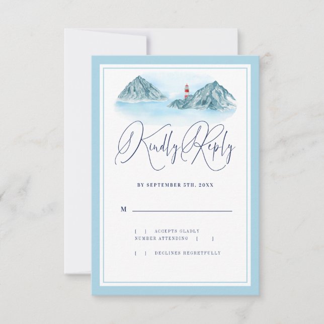 Ocean Mountain Lighthouse Light Blue Wedding RSVP Karte (Vorderseite)