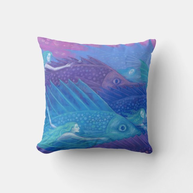 "Ocean nomads" Fantasiekunst, Fische, Meerjungfrau Kissen (Vorderseite)