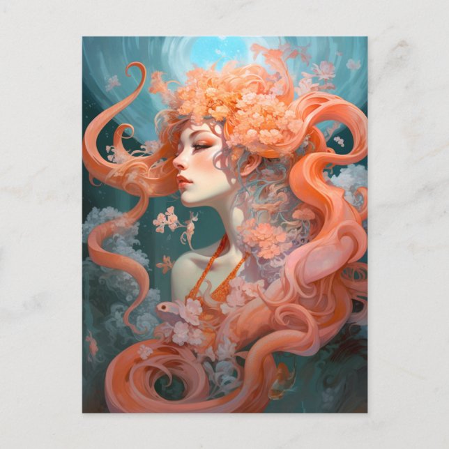 Ocean Nymph Coral Pink Blue Fantasy Art Postkarte (Vorderseite)