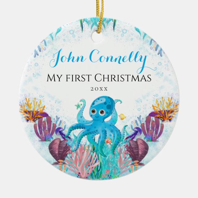 Ocean Octopus Baby 1. Weihnachtsbäder Keramik Ornament (Vorne)