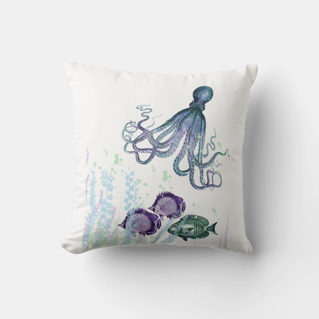 Ocean Octopus Indigo Blue Mauve Green Unterwasser Kissen (Vorderseite)
