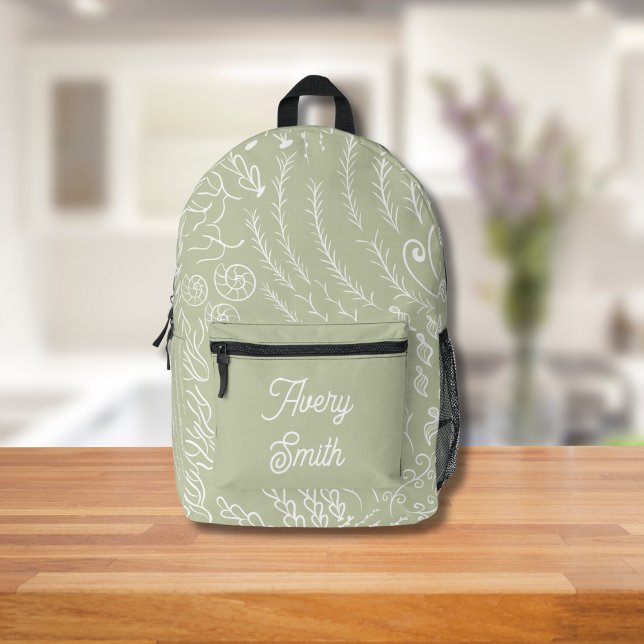 Ocean Print Backpack - HandGezeichnet Waves & Cora Bedruckter Rucksack (Sage Ocean Scene Backpack
)