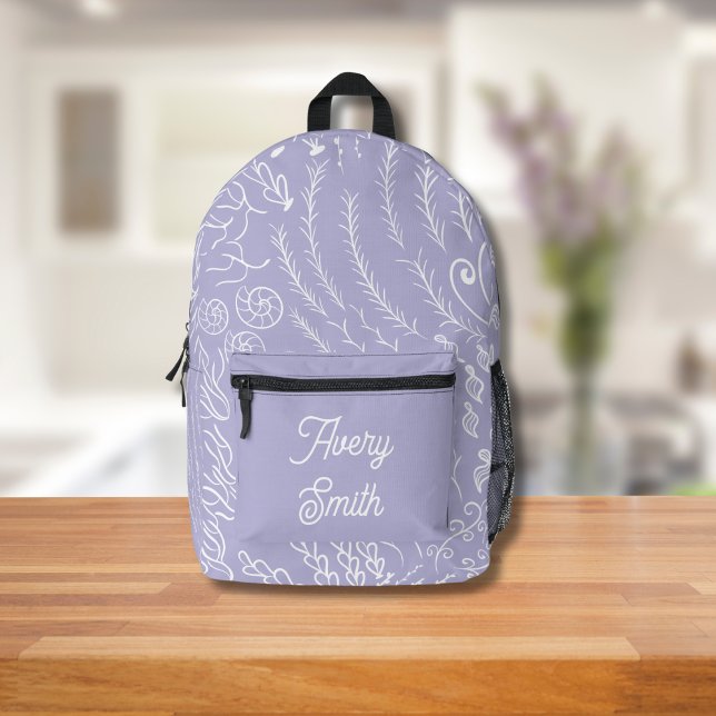 Ocean Print Backpack - HandGezeichnet Waves & Cora Bedruckter Rucksack (Purple Ocean Scene Backpack)